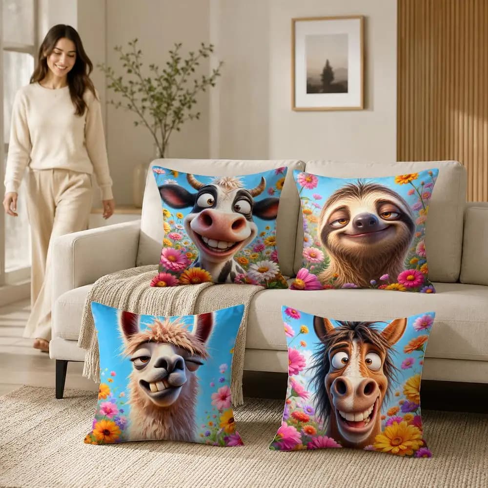 Cute Animal in Flower Cushion Cover Soft Short Plush Pillow Case Double Sided Print Washable Sofa Home Decor Gift