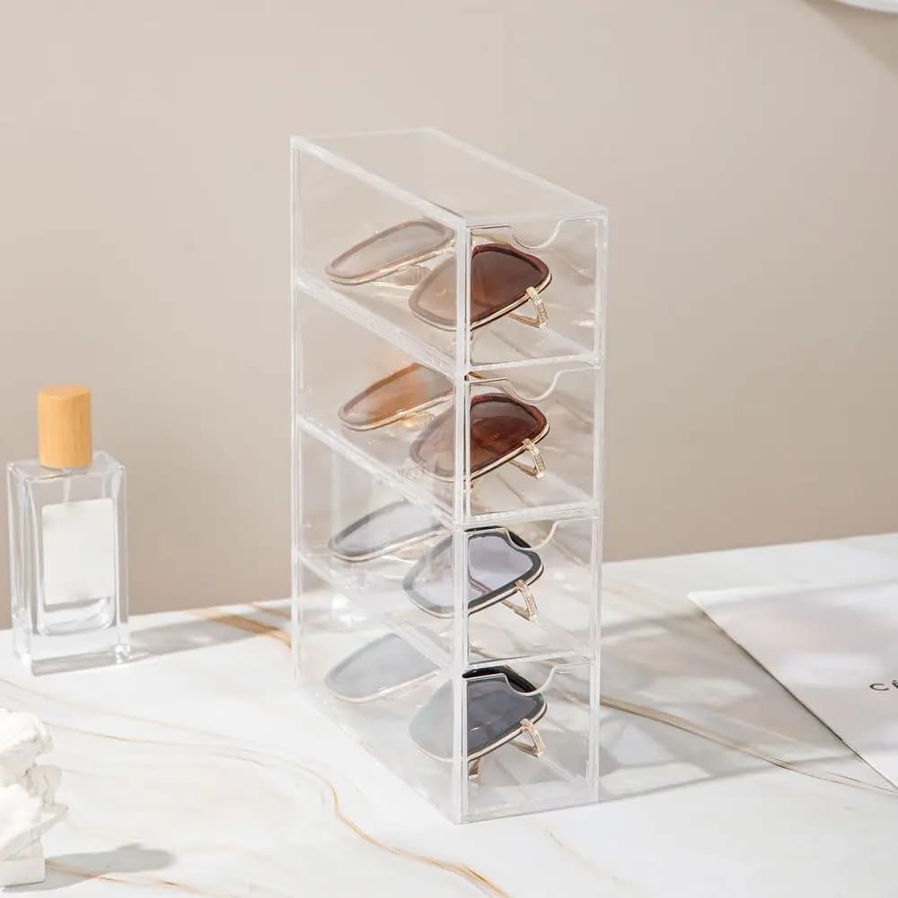 Sunglass Storage Box, Acrylic Eyeglass Organizer, Makeup Storage Drawer Tray, 4-Layer Transparent Visual Sunglasses Case Home Of