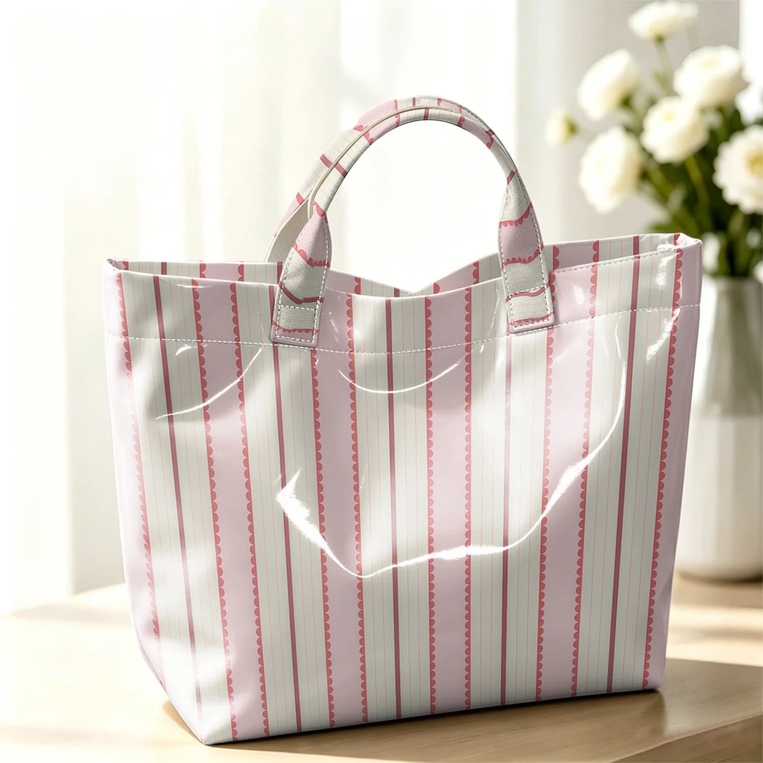 Scalloped Pink Vertical Line Stylish Large Glossy PVC Tote Bag Washable Waterproof Durable for Travel Commute Cosmetics Handbags