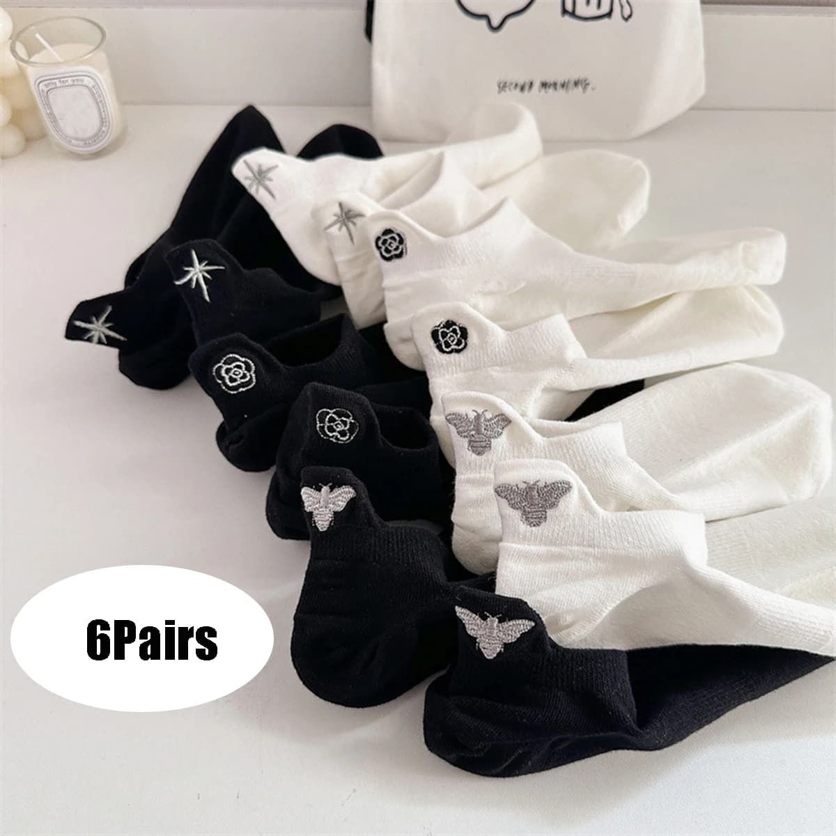 6 paia di calzini da donna di marca di lusso calzini corti con ricamo floreale animale carino bocca superficiale traspirante primavera estate femminile Socken