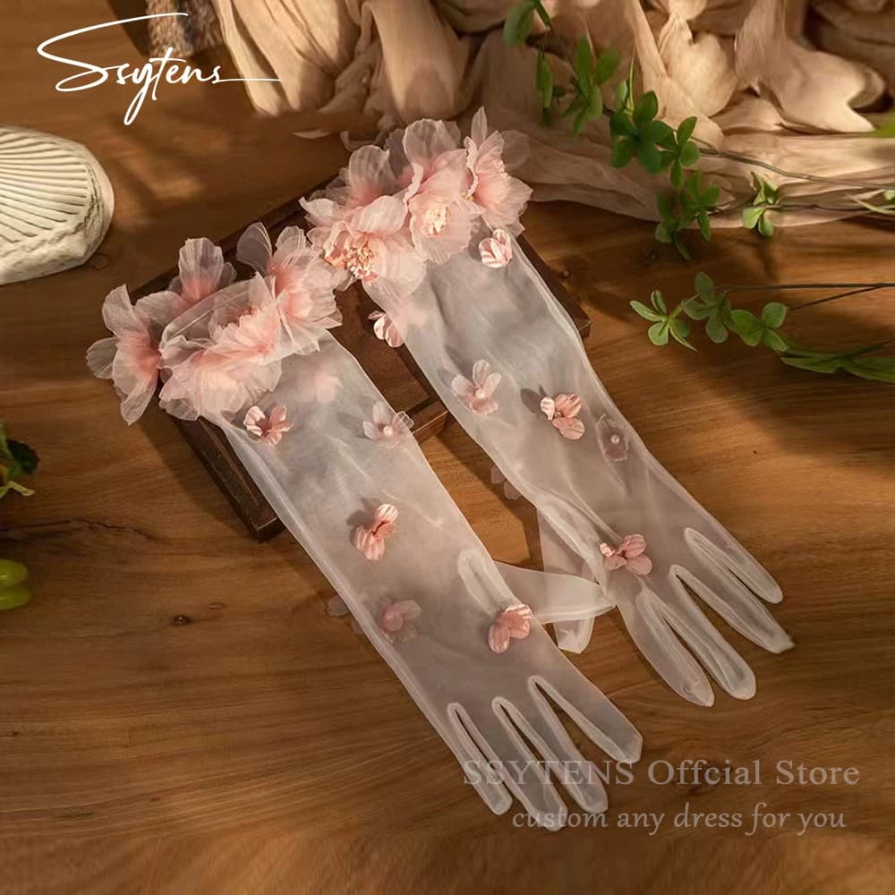 Dreamy New Sweet Pink White Tulle Guanti da sposa lunghi - Elegante abito da sera Accessori per abiti da festa per la damigella d'onore di nozze