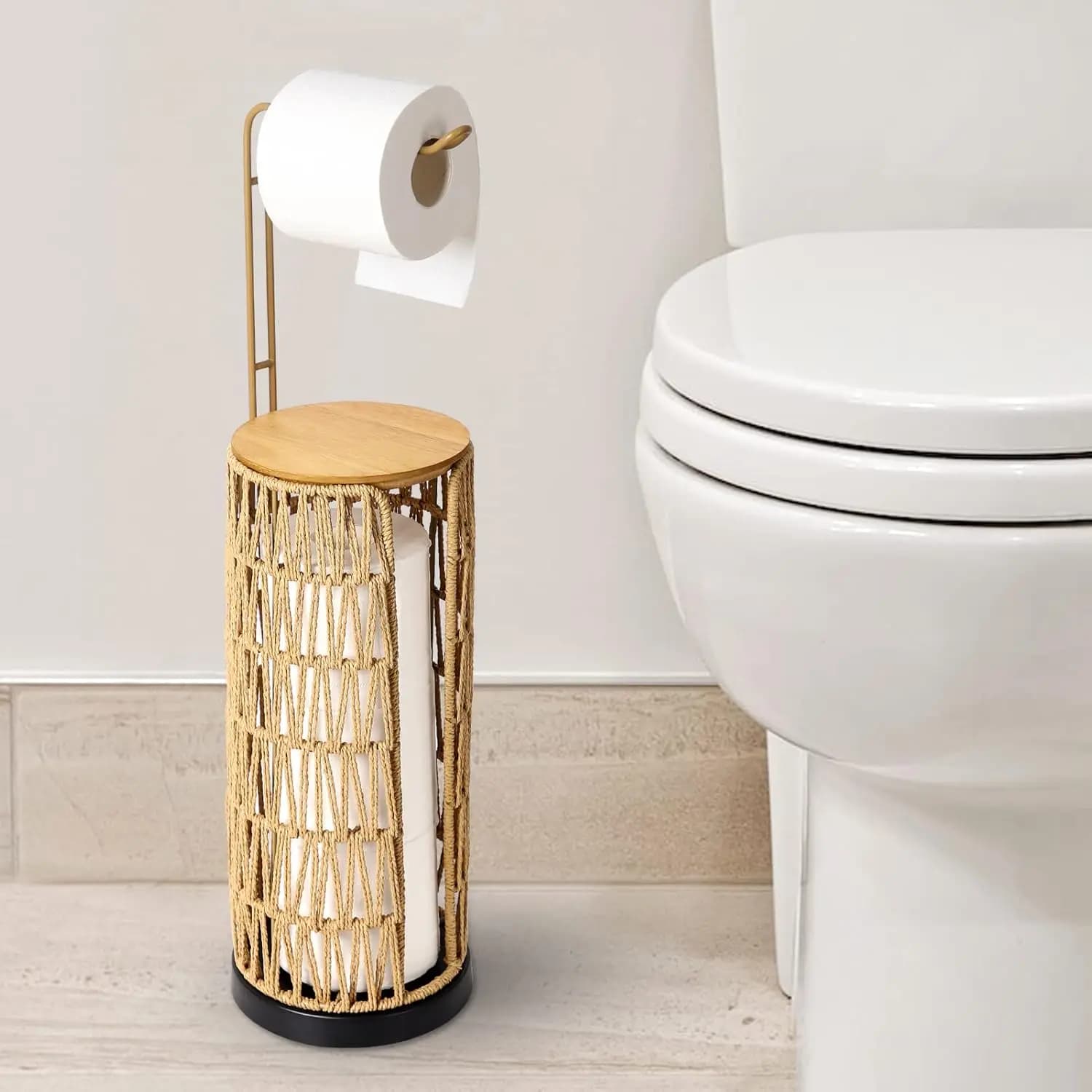 Portarotolo da terra con contenitore, supporto in rattan intrecciato fatto a mano per bagno, contiene 3 rotoli, decorazione Boho Farmhouse