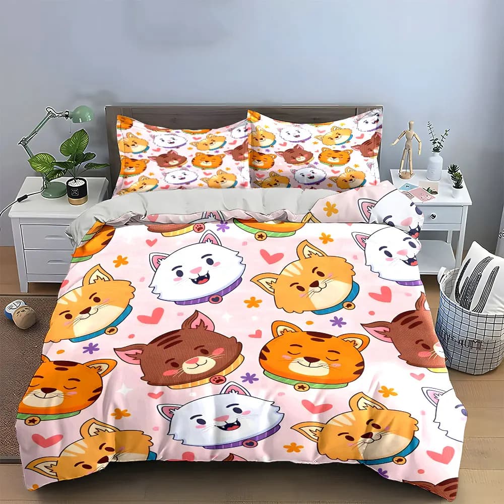 Set copripiumino Kawaii con 3 pezzi, motivo gatti e cuori, rosa pastello, biancheria da letto per bambini, include 1 copripiumino e 2 federe, idea regalo