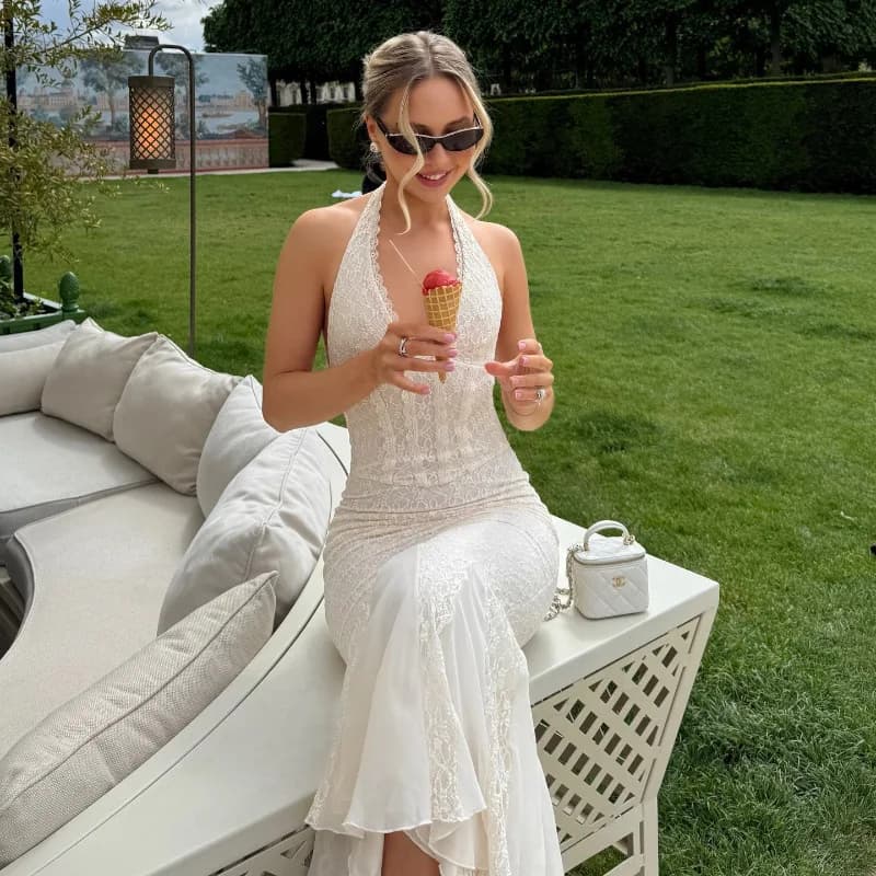 DSMTRC Abito lungo sexy senza schienale con scollo all'americana in pizzo Abito da donna Moda senza maniche con scollo a V Sirena Club Abiti lunghi da festa Vestido elegante
