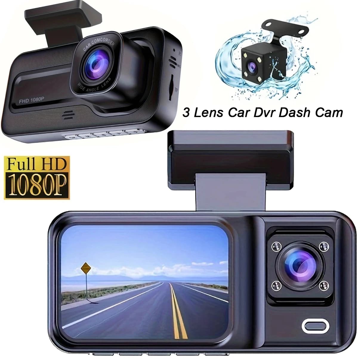 Dash Cam for Car Car Camera DVR 1080P 3 Channel Video Camera for Front and Rear Indoor View for Dashcam Three-way Vehicle