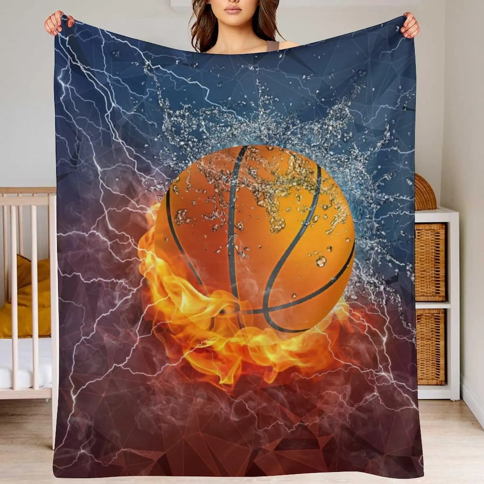 Coperta stampata con motivo pallacanestro acqua e fuoco per divano letto, viaggio, campeggio, soggiorno, ufficio, coperta condizionata