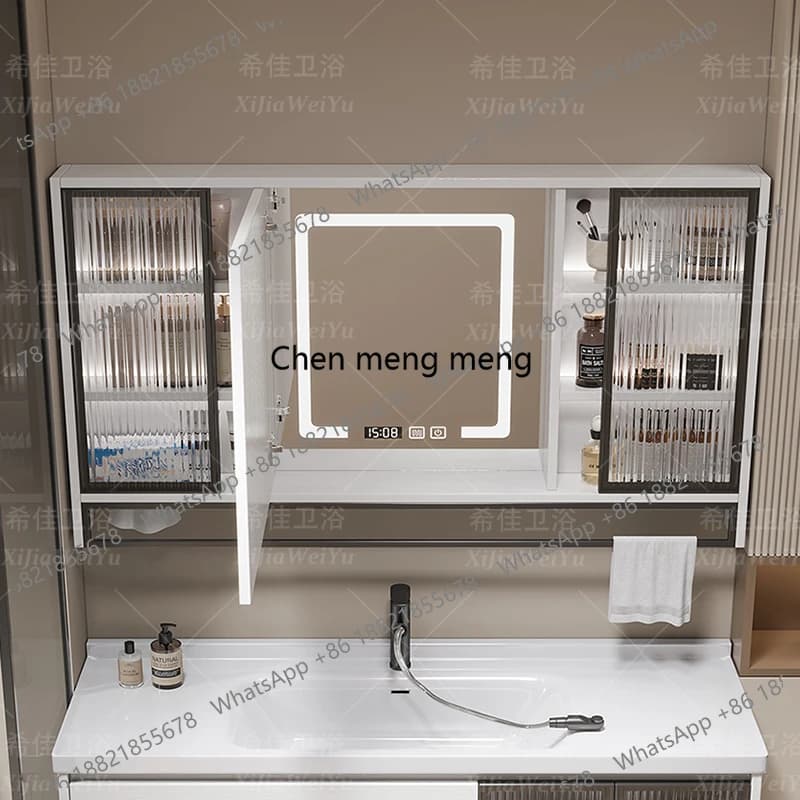 Armadietto a Specchio Intelligente per Bagno in Stile Nordico, Mobile Moderno in Legno Massello con Specchio e Spazio di Archiviazione, Arredo Bagno Multifunzionale