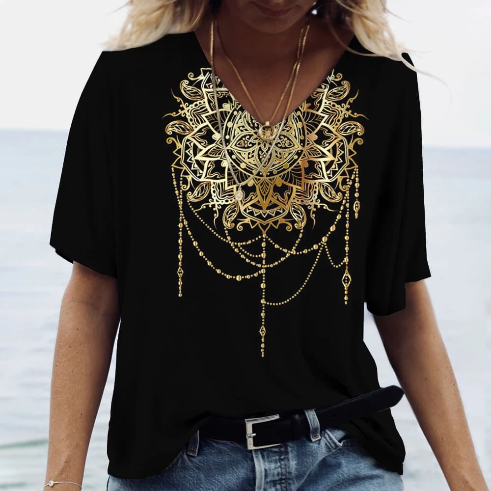 Summer New Mandala Gradient 3D Print T-Shirts Women V-Neck Short Sleeve T Shirt Y2K Tees Oversized Harajuku Tops Female Clothing