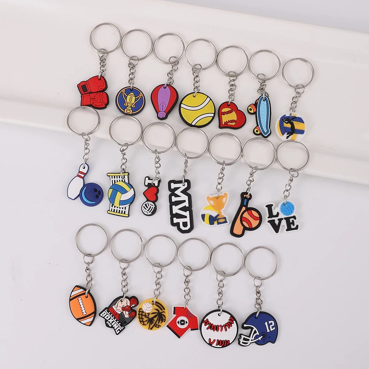 20pcs Sports Series Keychain Cute PVC Key Chain Ring purse Bag Backpack Accessories Charm Party Decor Boys Girls Gift