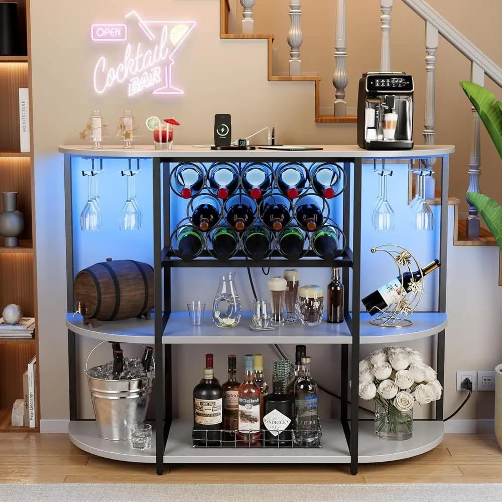 Mobile Bar Contemporaneo per Vino Bianco con Illuminazione LED e Prese di Corrente Integrate, Portabicchieri, Adatto per Cucina e Sala da Pranzo