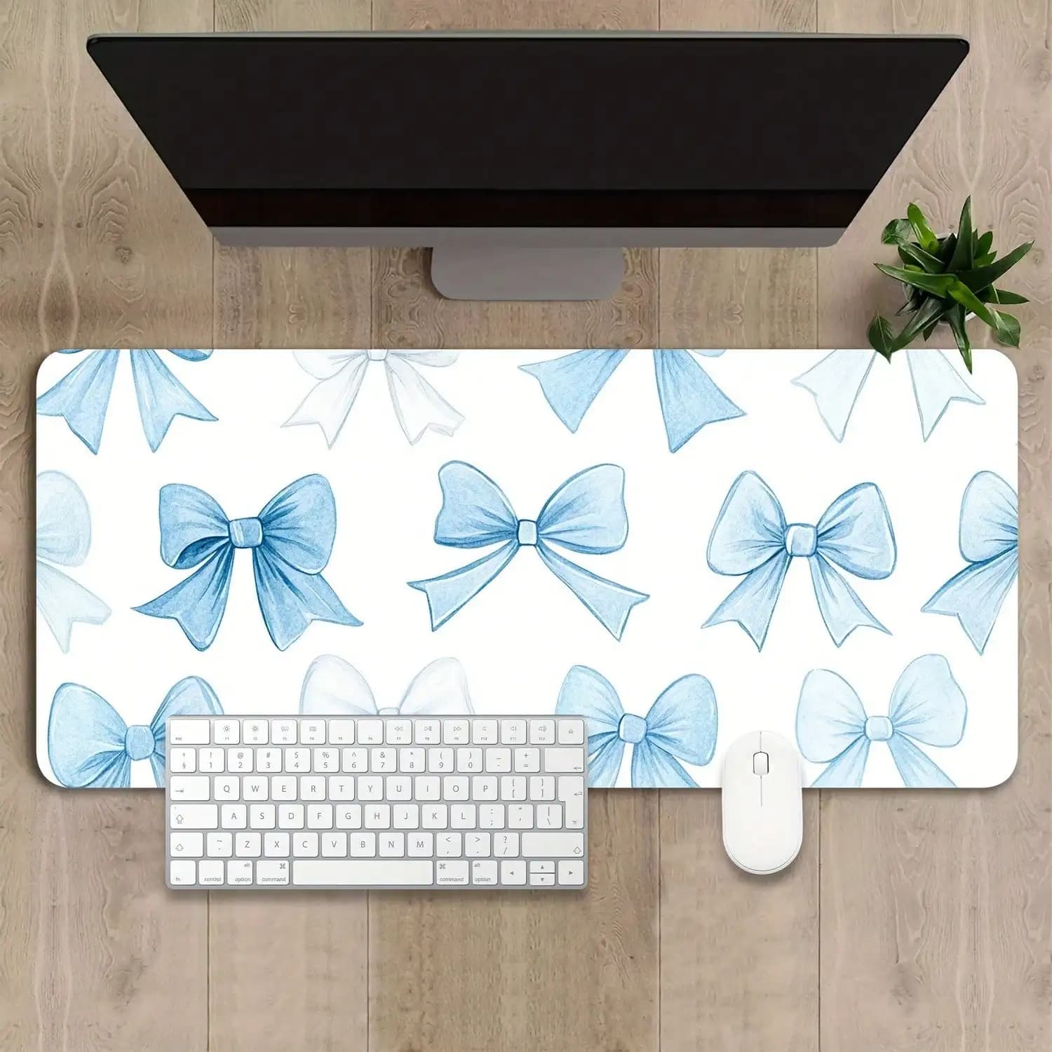 1 Pc Non-Slip Rubber Desk Mat 23.6x13.8in(60x35x0.3cm) With Blue Bow Ties & White Bows - Smooth Gaming Mouse Mat & Keyboard Cover For PC, Office Computer, Teens, Skid Surface, Stylish Workspace Accessory, Boyfriend/Girlfriend Gift