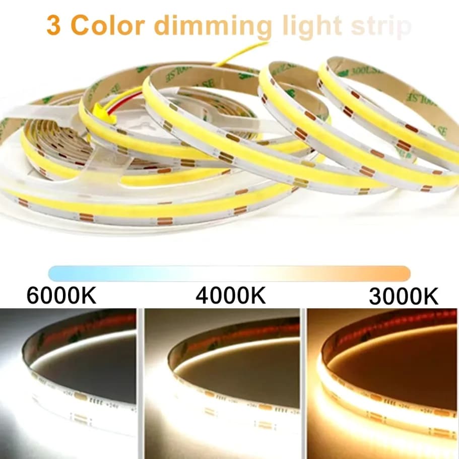 Striscia LED COB CCT a 3 colori dimmerabile 24V 8mm 10mm Larghezza 2700K a 6500K Nastro LED che cambia colore Lineare Doppio colore RA90