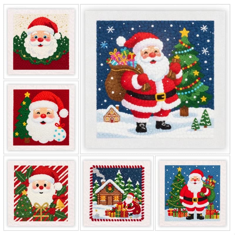 DIY Punch Needle Kits Santa Claus Pattern 25x25cm Easy for Beginners Embroidery with Hoop Punch Needle Starter Craft Set