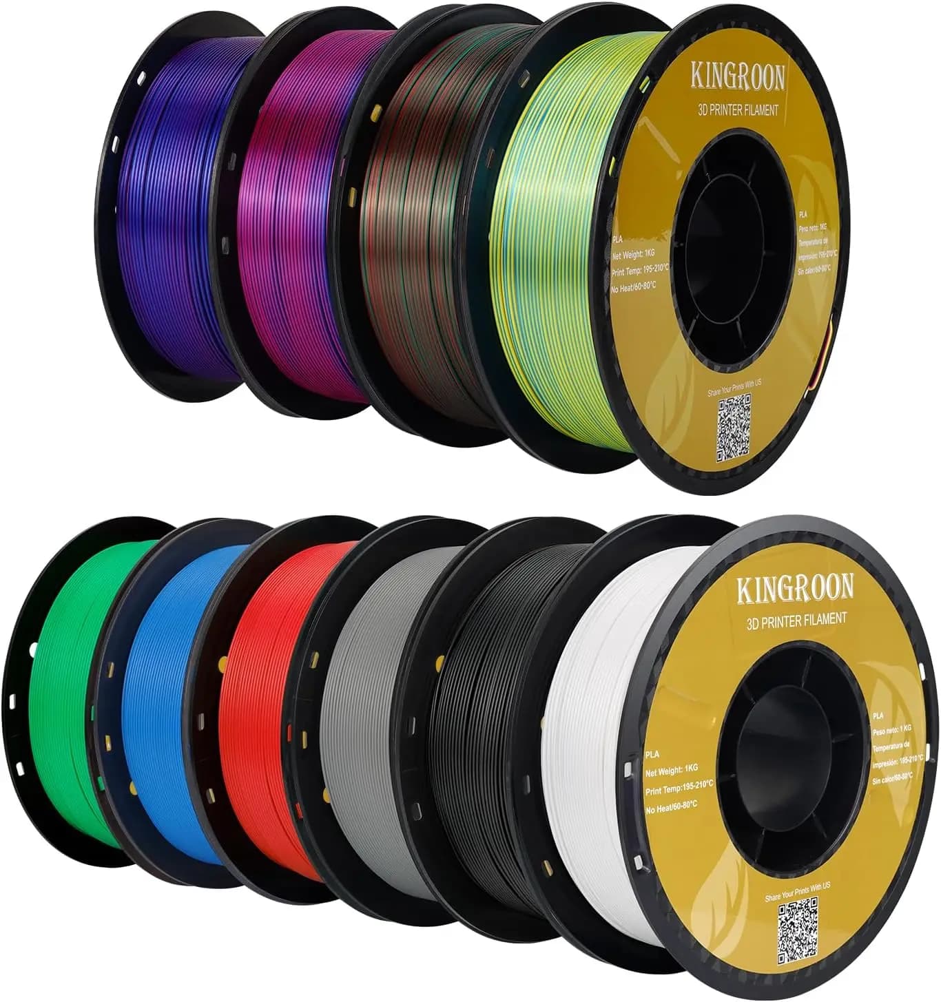 10 Rotoli di Filamento PLA per Stampante 3D, 1,75mm, 10kg, Set Tri-Colore Seta e PLA+