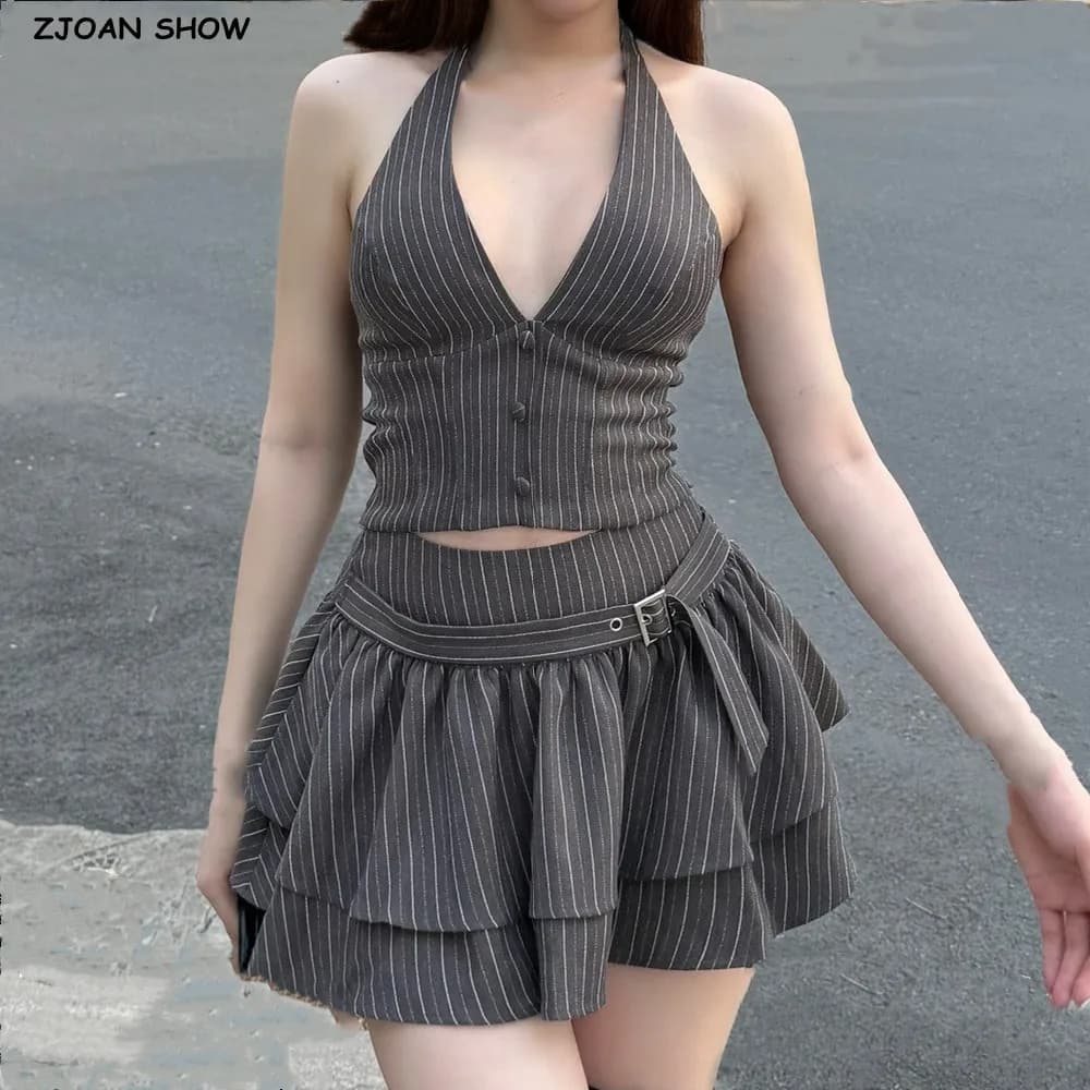 Sexy Gray Stripes Print Front Buttons Halter Tank Top + With Belt Zipper Waist 2 Layers Ruffles Swing Mini Skirt 2 Pieces Set