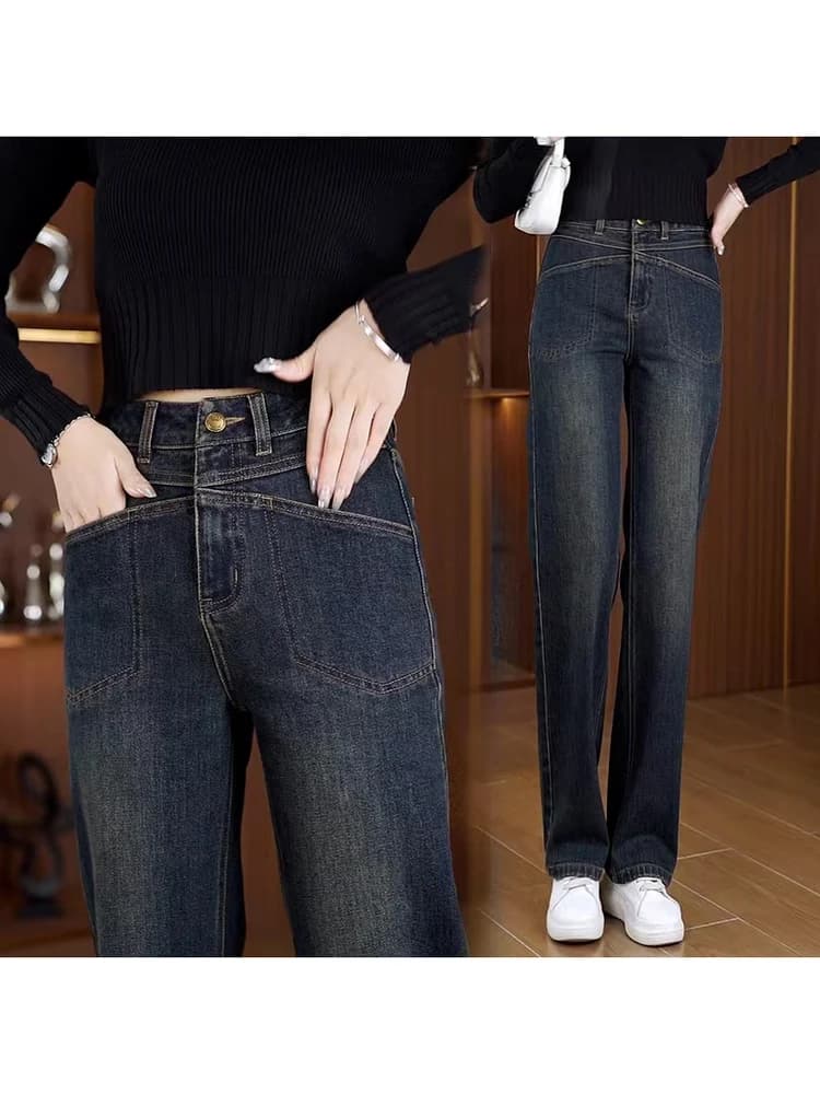 High Waist Wide Leg Jeans Women's Loose Fit Retro Style Cotton Stretch Denim Anti-Wrinkle Autumn Season Ladies Trousers