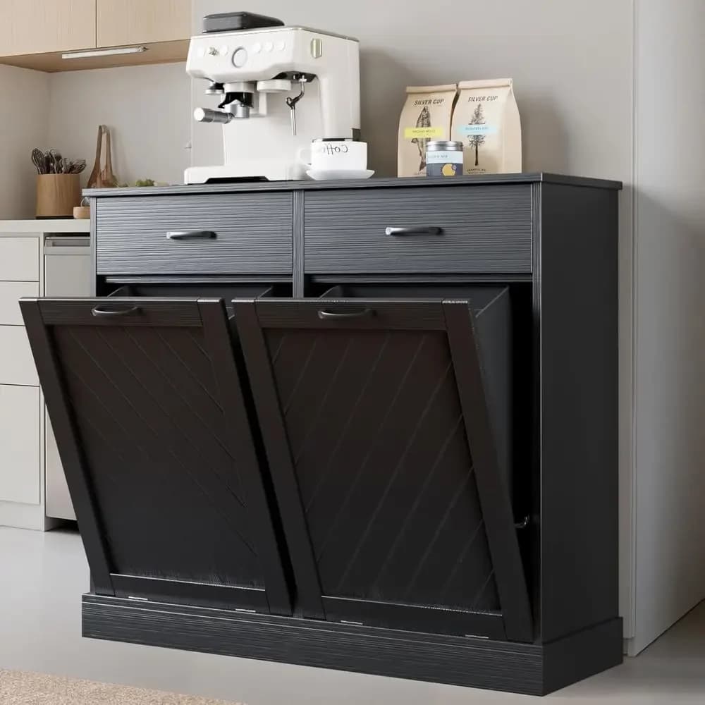 Dual Bin Trash Can Cabinet, 2x13 Gallon Concealed Waste Bins, Storage Cabinet for Kitchen, Laundry, Living Room, Black