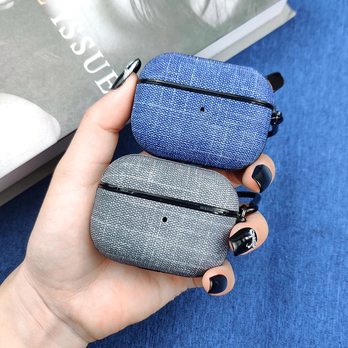 Hard protective case for AirPods Pro3 scratch-resistant denim leather surface with snap hook