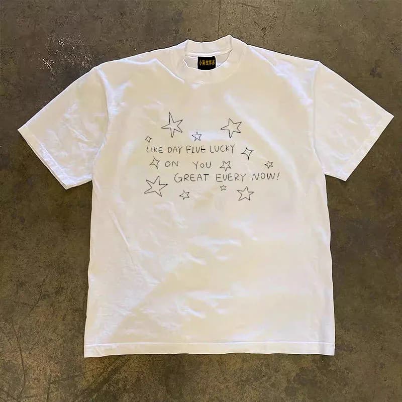 Pure Cotton Short Sleeve T-Shirt Double Thread Loose Fit Unisex American Retro Style Breathable round Neck Print Casual Top