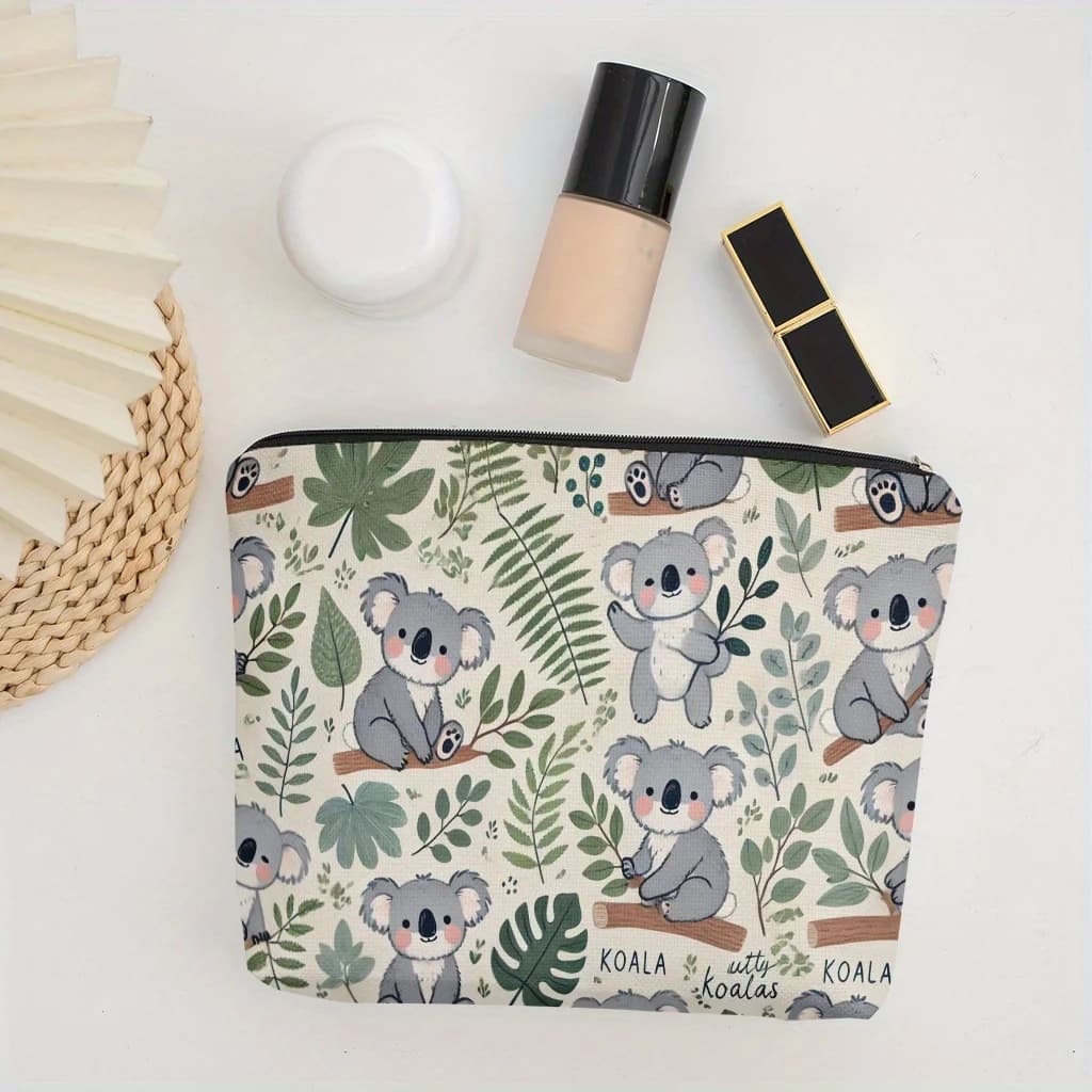 1 graziosa borsa per il trucco in stile naturale con koala - Pochette multifunzionale con cerniera per donna, perfetta borsa da viaggio con cerniera, divertente regalo di compleanno
