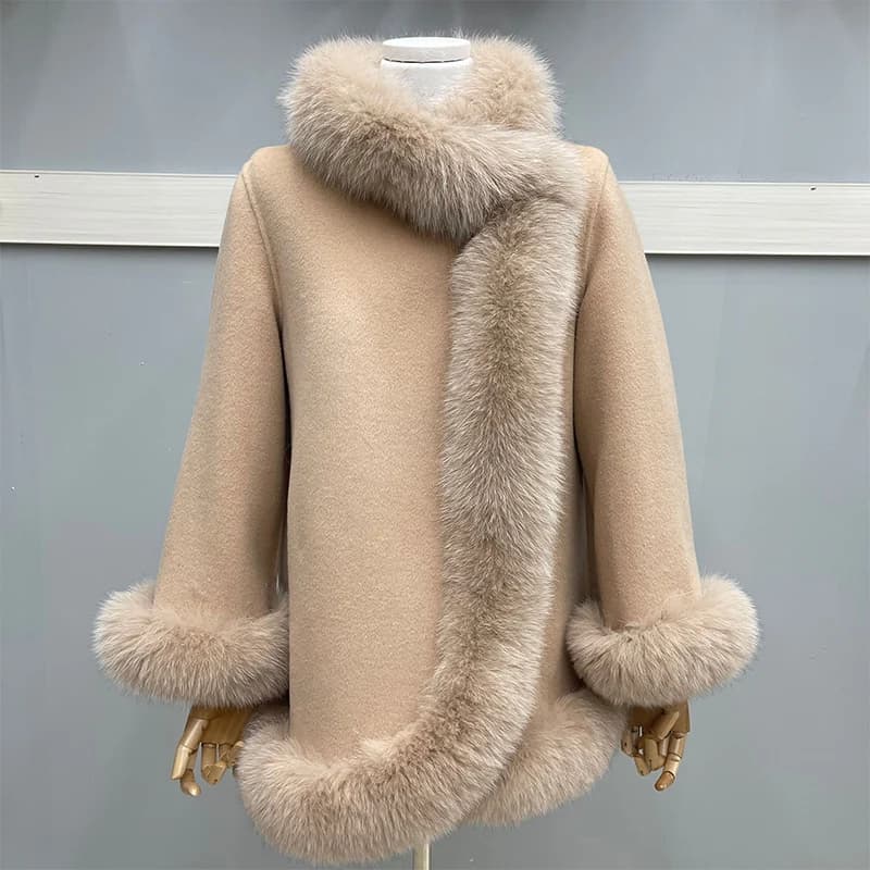 2025 Fashion Natural Winter Fur Coat Real Fox Fur Collar Cashmere Wool Woolen Women Jacket Luxury Outwear New Ladies Female Coat