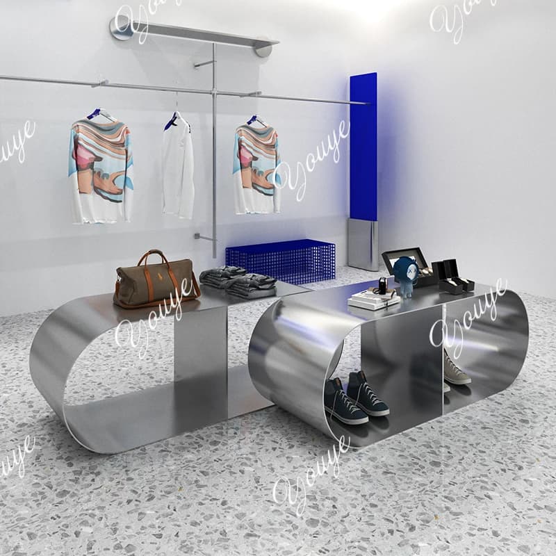 Espositore per negozio di abbigliamento, espositore per negozio di scarpe e borse, espositore in acciaio inossidabile spazzolato, espositore per negozio di abbigliamento da uomo