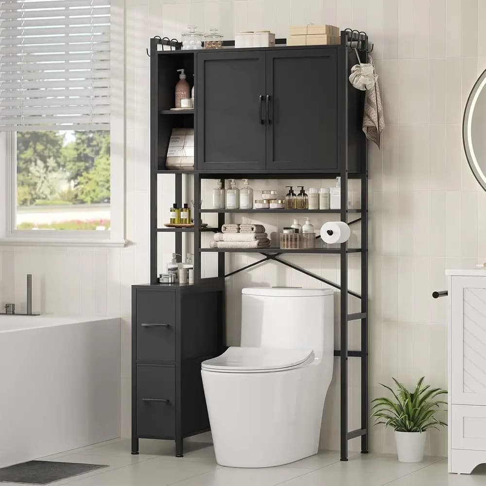 Mobiletto portaoggetti a 7 livelli per WC con 2 ripiani e 6 ganci, mobiletto sopra il WC con porta carta igienica, ideale per bagno o lavanderia