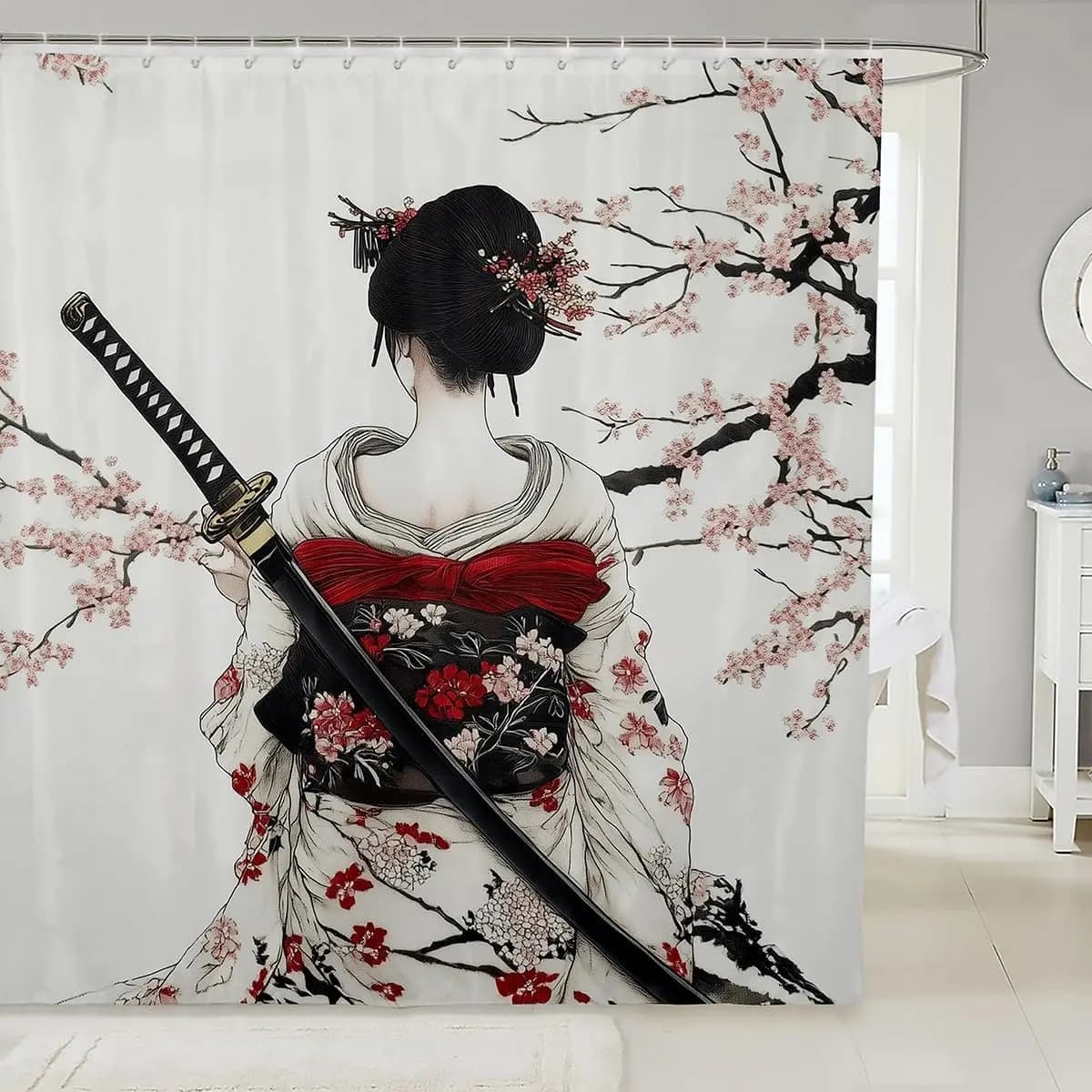 Tenda da doccia stile giapponese per ragazzi e ragazze Tenda da bagno geisha giapponese Fiori di ciliegio Accessori da bagno Bambini Adolescenti
