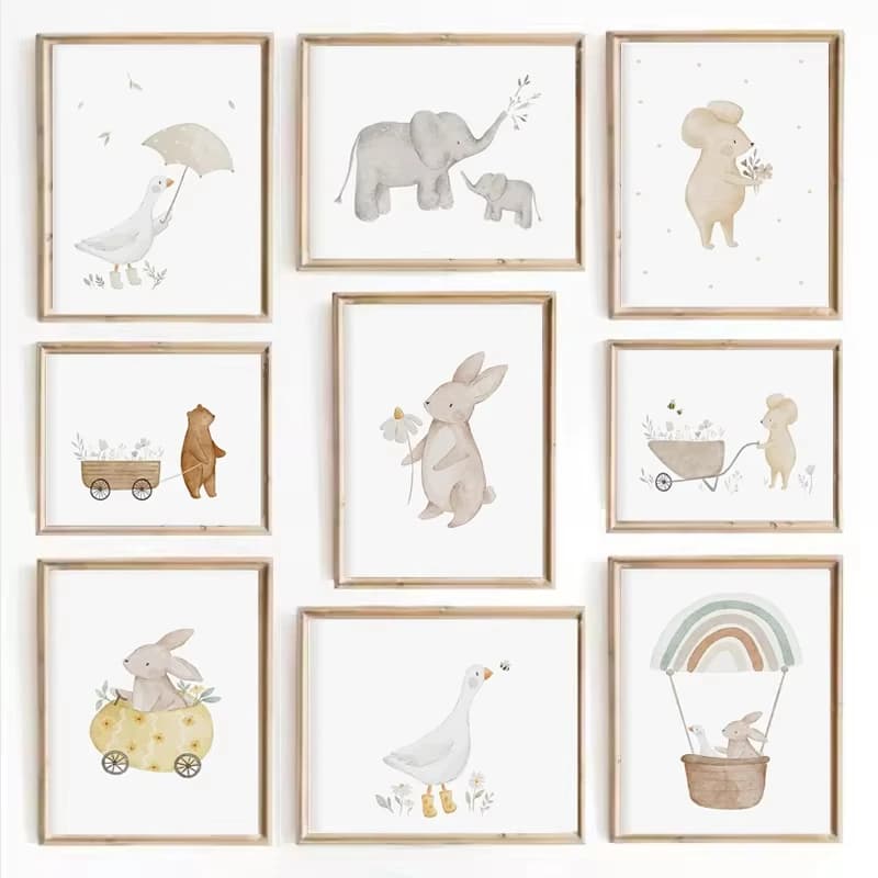 Quadri su tela senza cornice con animali da fattoria in stile boho, poster e stampe con coniglio, orso, ape e fiori per la cameretta dei bambini.
