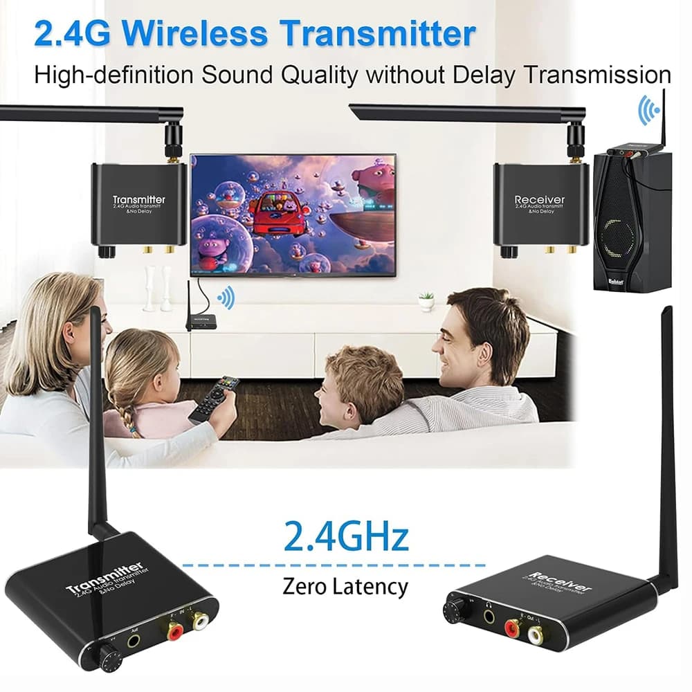 Adattatore audio wireless per ricevitore trasmettitore da 2,4 GHz a lungo raggio da 50 m con controllo del volume per altoparlante subwoofer R/L o jack da 3,5 mm