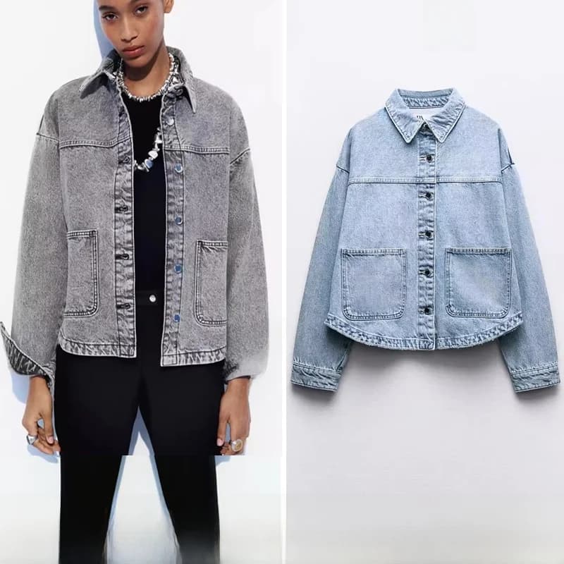 Womens Loose Washed Vintage Denim Jacket Street Style Straight Leg Cotton Outerwear Collar Button Closure Regular Fit