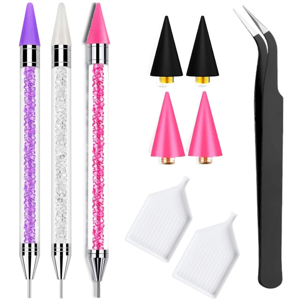 Dual-End Nail Rhinestone Picker Tool Set, Wax Dotting Pens Curved Tweezer Rhinestone Storage Tray, DIY Nail Art Gem Pick Up Tool