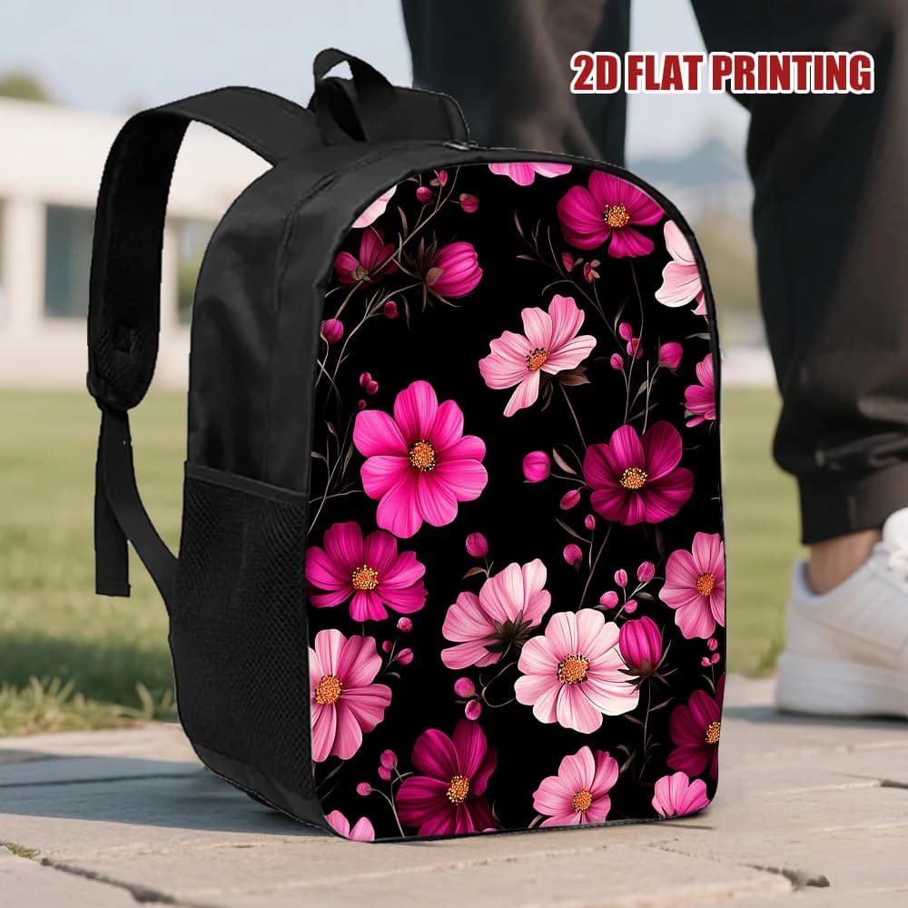 A backpack with floral pattern on a black background, practical and fashionable, perfect for kids who go to work.