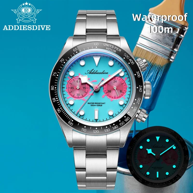 ADDIESDIVE Orologio da uomo al quarzo con lunetta in ceramica, cronografo luminoso VK64, orologio con vetro a bolle, AD2520, orologio da uomo