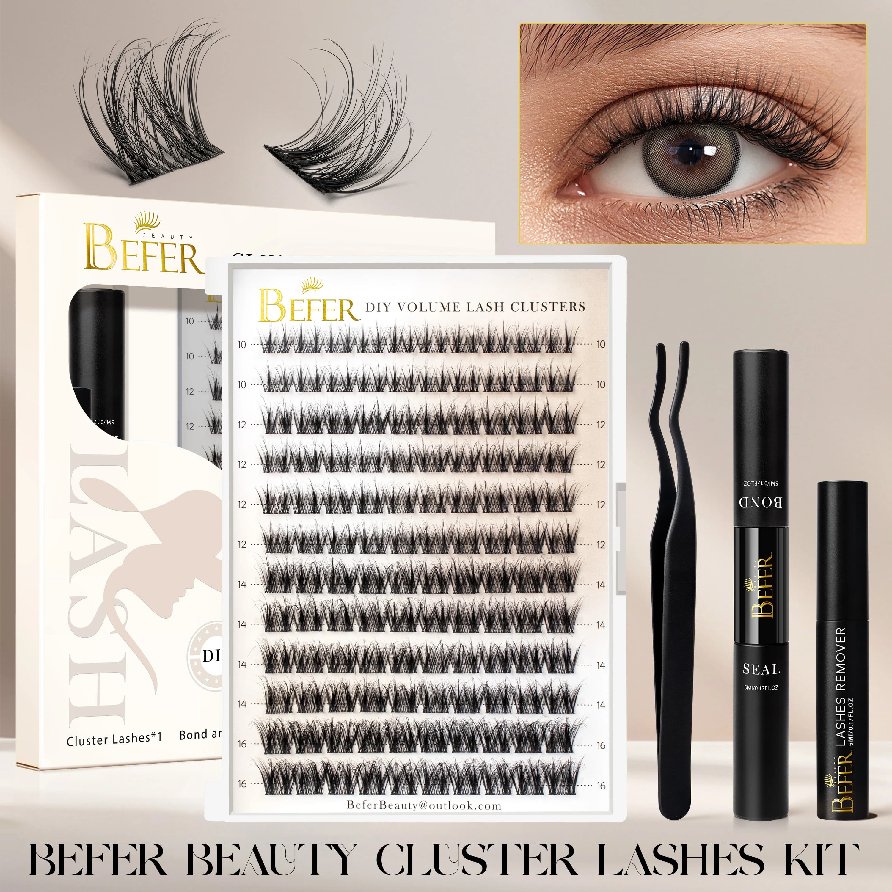 Befer Eyelashes Set Fake Eyelashes 3D Natural Eyelashes D Curl Kit Extension Eyelashes DIY with Grips for Removal of Ligation and Seals