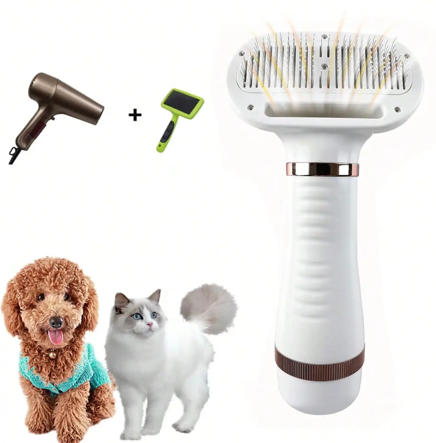 Asciugacapelli per animali domestici con spazzola, 2 in 1, per cani e gatti, silenzioso e portatile, con rimozione dei peli con un clic e 2 impostazioni di calore
