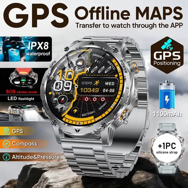 Outdoor sports watch 2026smart with 1.7 inch HD GPS, with 1100 mAh battery. Double red-white LED torch, compass, altimeter, barometer, over 100 sports.