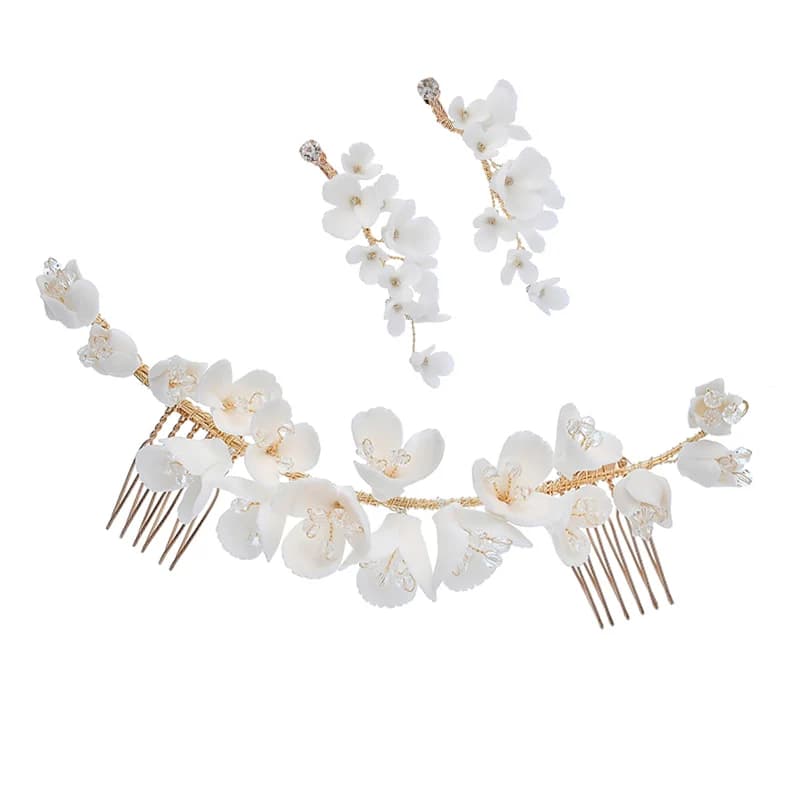 Orecchini floreali da sposa fatti a mano con fiori in ceramica, pettine per gioielli da donna, copricapo da sposa