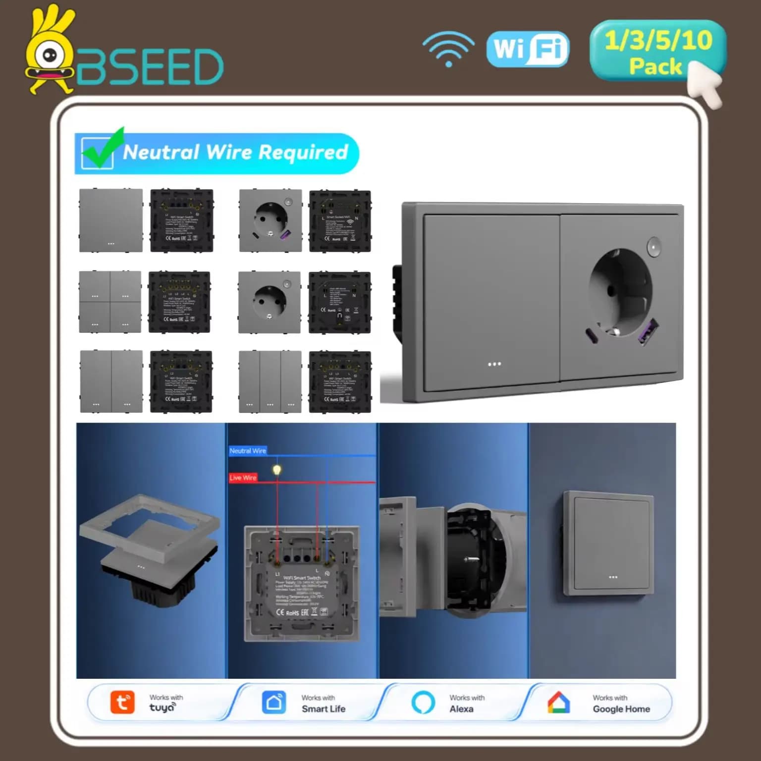 BSEED WIFI Switch Button Modules USB Phone Charge Smart Socket Part APP Light Wall Switch Key Plastic Combination EG Series Tuya