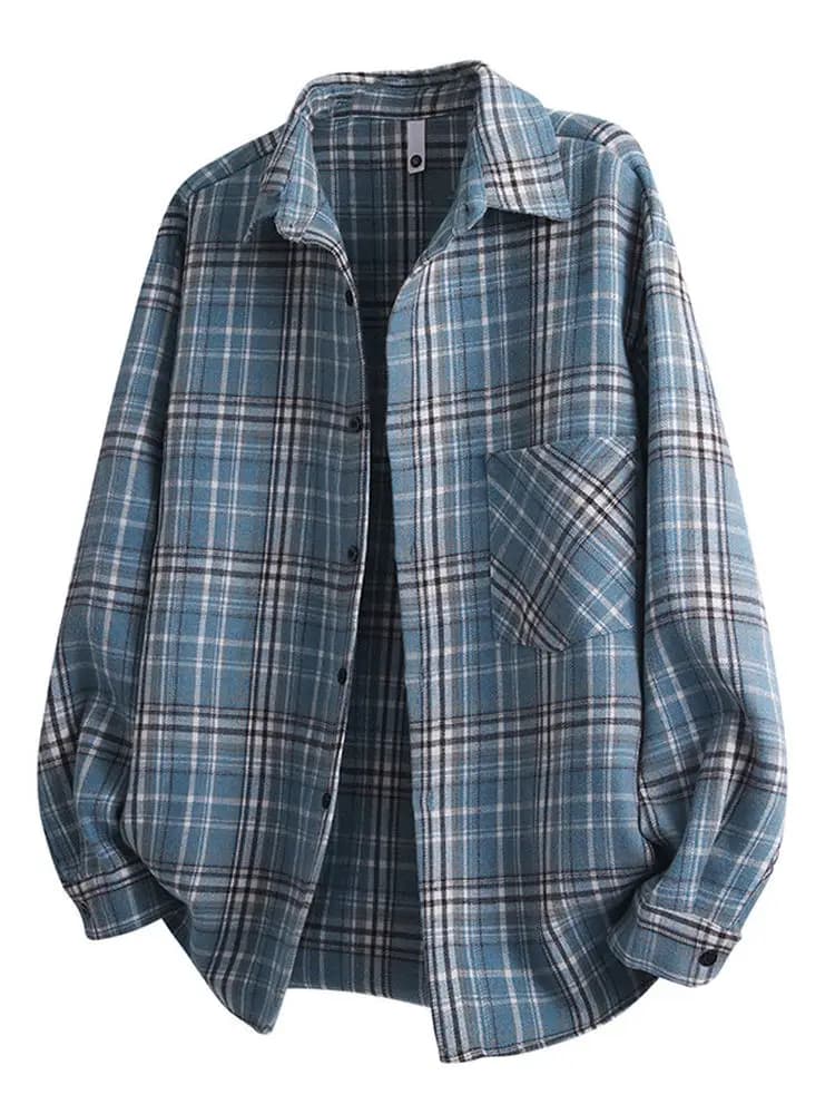 Blue Plaid Loose Fit Long Sleeve Shirt Men's Autumn Fashion Hong Kong Style Retro Shoulder Length Collar Jacket plus Size