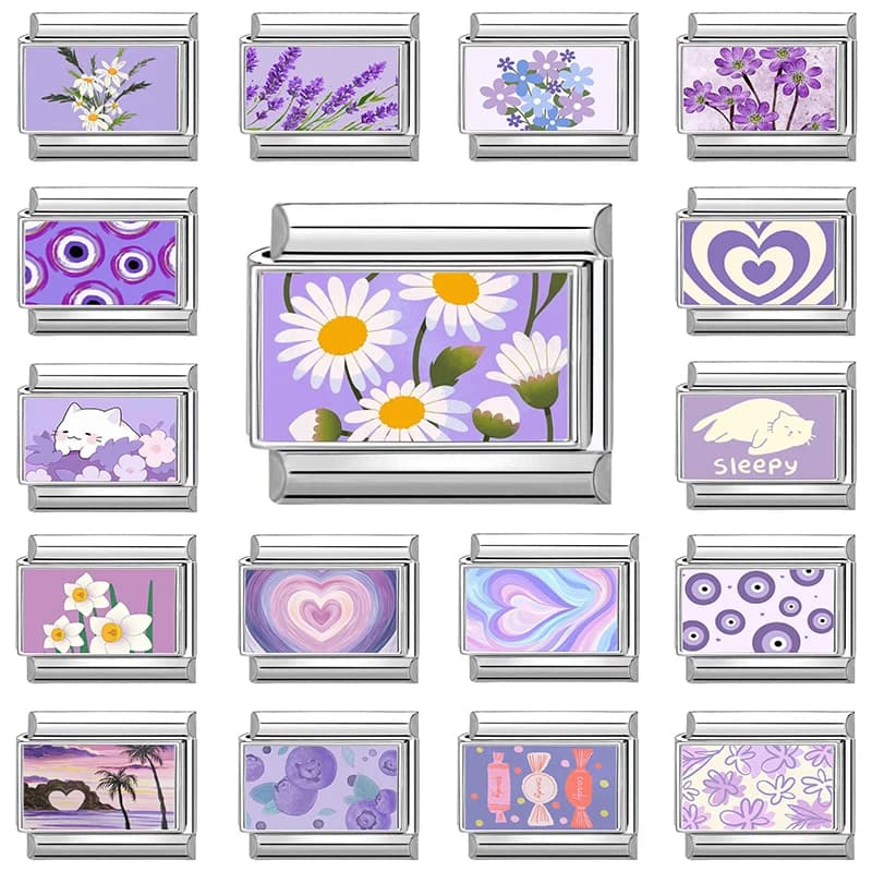New Fashion Purple Series Planet Star Moon Cat Italian Charm Link adatto per gioielli in acciaio inossidabile da 9 mm fai da te che realizzano regali per braccialetti