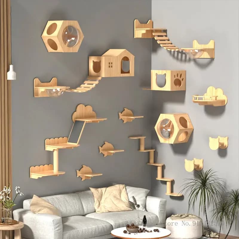 Struttura da arrampicata per gatti a parete, albero nido per gatti, legno massello, tavola da arrampicata per gatti, piattaforma per saltare, forniture per animali domestici, 1 pezzo