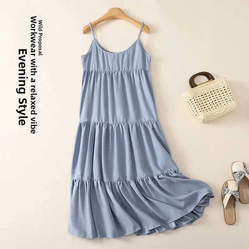 Summer New plus Size Sleeveless Strap Dress Women's Loose Splice Beach Skirt Large Swing Style Casual Color Korean Style