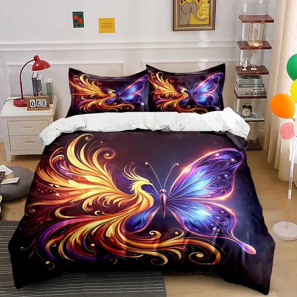 Colorful Phoenix Butterfly Art Set Bedding Set with 1 Duvet Cover 2 Pillowcases Single Double King Queen, Gift