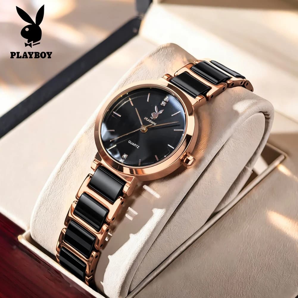 PLAYBOY 3128 Orologio con movimento al quarzo Elegance per donna, quadrante minimalista, bracciale in acciaio e ceramica, orologio elegante impermeabile fino a 30 m