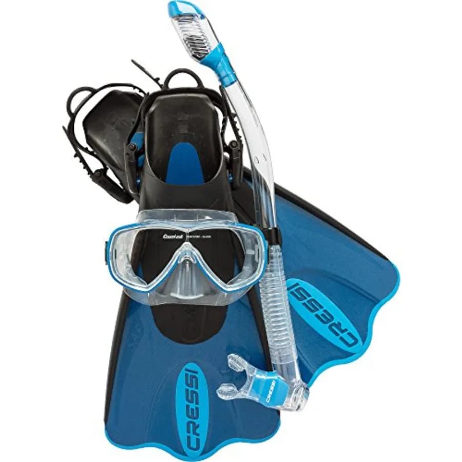 Snorkeling set for travel and recreation: blue silicone mask, snorkel, and adjustable fins in S/M size