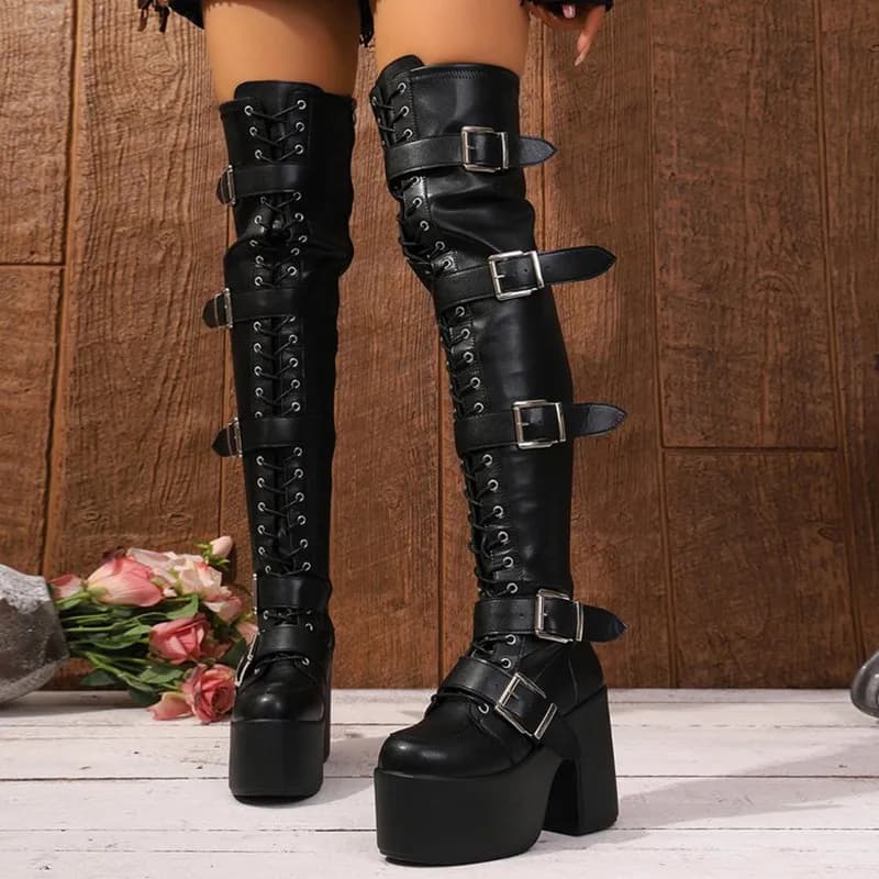 Stivali Donna alla Moda con Plateau Sopra il Ginocchio, Stivali Punk Goth da Motociclista, Punta Rotonda, Tacco Alto Nero, Allacciatura con Fibbia, Stivali Lunghi da Donna