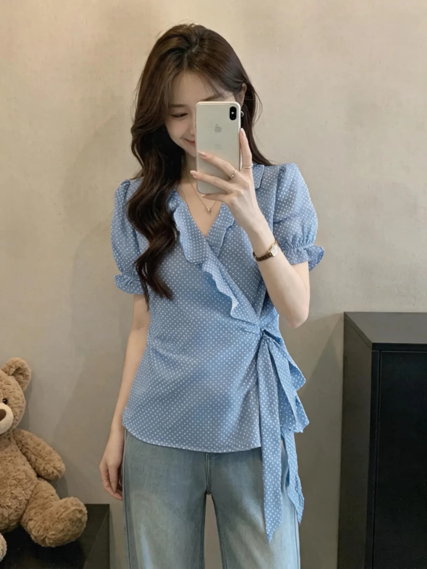 Blue V-neck Short Sleeve Shirt Women's Summer Slimming Design Belted Waist Tie Kaftan Style Bubble Sleeve Loose Fit Blouse