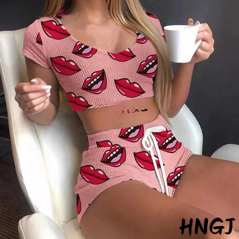 2026 Pigiama da notte da donna con stampa labbra casual estive 2026 Set top pantaloni intimo skinny per la casa