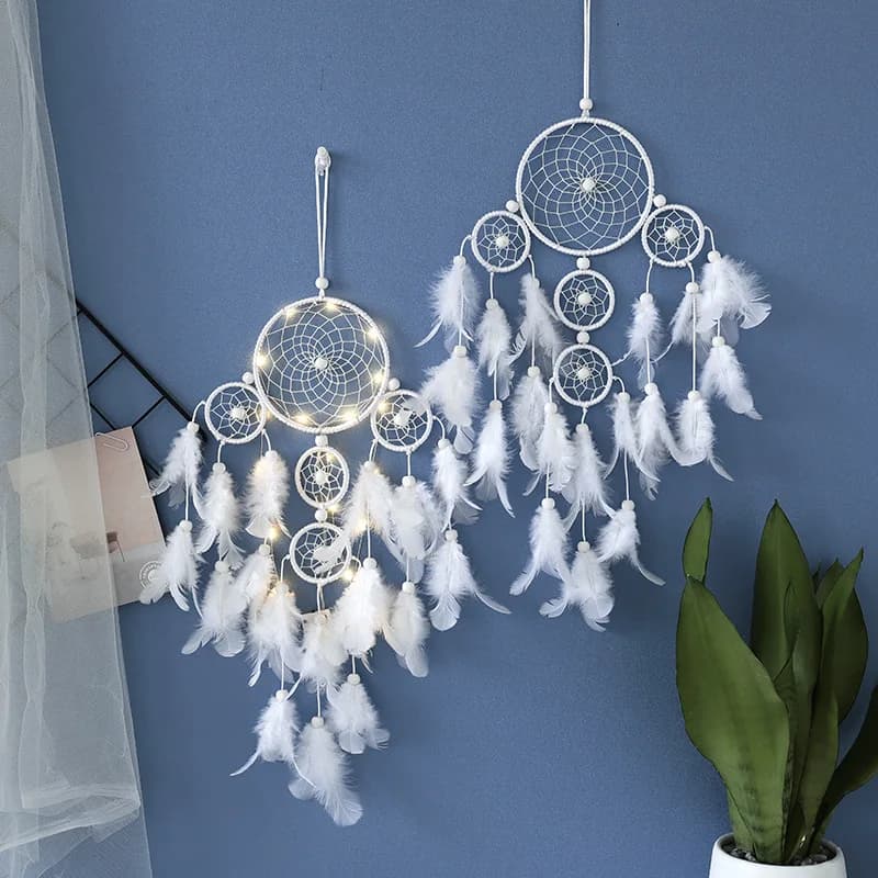 White 5-Ring Dreamcatcher with LED Warm Lights, Handmade Cotton & Feather Wall Hanging, Boho Home Decor for Bedroom